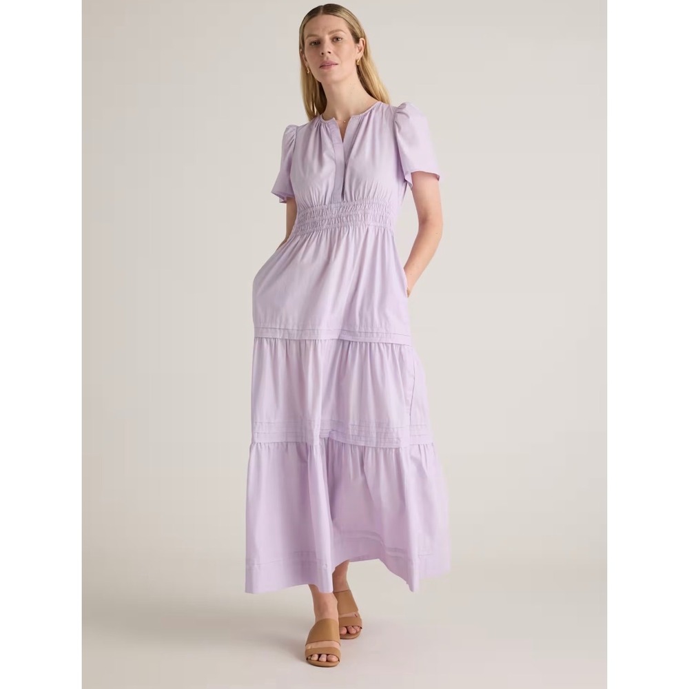 Quince Cotton Poplin Smocked Tiered Maxi Dress Purple Small Romantic Cottagecore